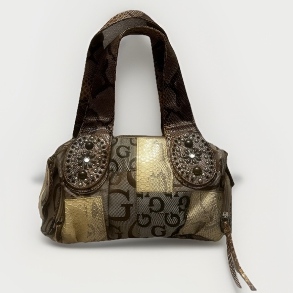 Unbranded Patchwork Faux Snakeskin Double Handle Satchel Handbag Brown Neutral - Picture 1 of 11
